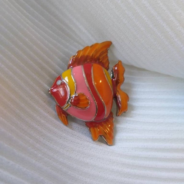 Vintage Orange Stripe Enamel Tropical Fish Brooch or Pendant