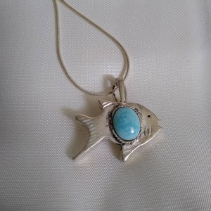 Vintage Sterling  Silver and Blue Fish Pendant Necklace