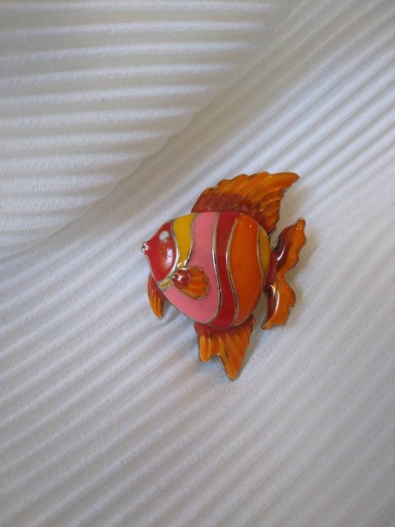 Vintage Orange Stripe Enamel Tropical Fish Brooch… - image 6