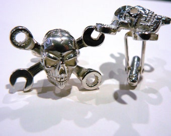 The Ultimate Sterling Silver Skull and Crossed Spanners Biker or Hot Rodder cufflinks