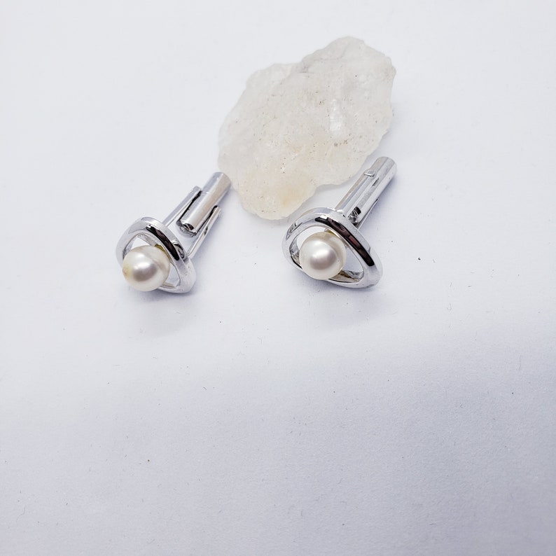 Sterling Silver Pearl Cuff Links with Trillion Reflective Border