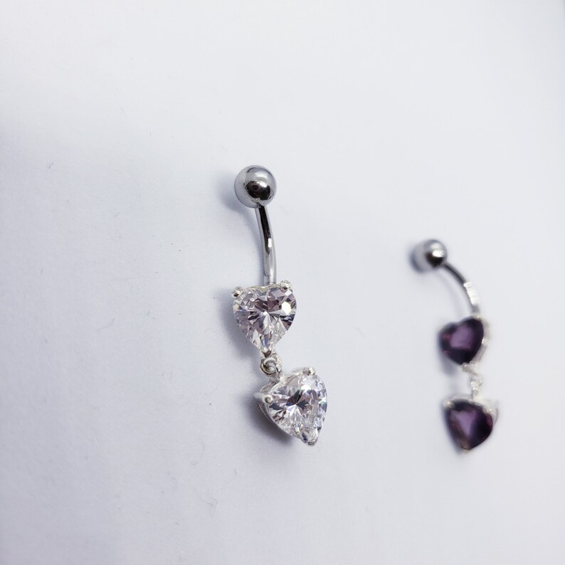 Sterling Silver Double Heart Dangle Gemstone Belly Button Ring