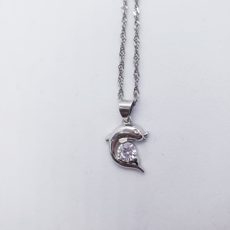 5mm 18 Inches Sterling Silver CZ Solitaire with Dolphin Halo Pendant and Necklace