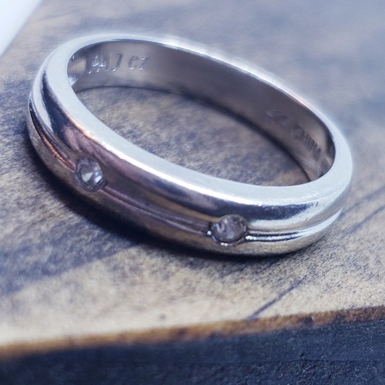 Lined 2 Round Accents Sterling Silver CZ Band