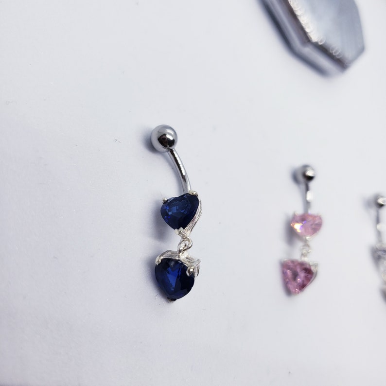 Sterling Silver Double Heart Dangle Gemstone Belly Button Ring