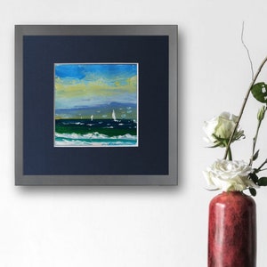 Seascape Sailing Boats in Greece, Mediterranean Beach and Sea, Sea and Sky Small Painting, Shore and Water Painting, Sea View Landscape
