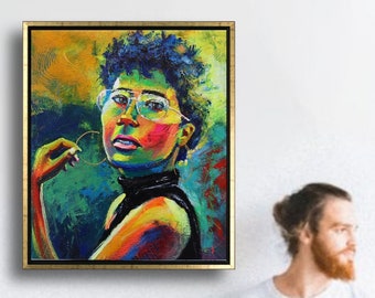 Expressive Female Portrait in Acrylics on Canvas, Original Painting in Impressionist Style, Energetic Gestural Woman Face, Colorful Portrait