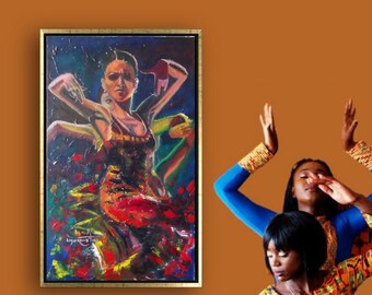 Flamenco Dancer Impressionist Oil Painting on MDF-Board, Spanish Motive of a Woman Dancer, Red Passion, Gestural Bold Artwork