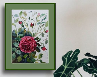 A Single Big Rose in Watercolor, Original Watercolor Painting, Botanical Wall Art in Aquarelle, Deep Red Rose in a Loose Style, Art Decor