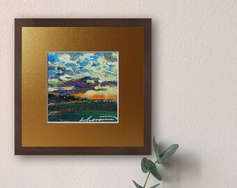 Small Acrylic Landscape Painting, Impressionist Artwork, Sky and Fields Wall Decor, Miniature Painting under Mat, Skyporn Clouds, Sunset