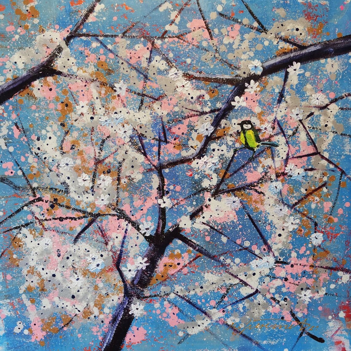 Spring Blossoms Tree With a Small Bird Original Panting Made With ...