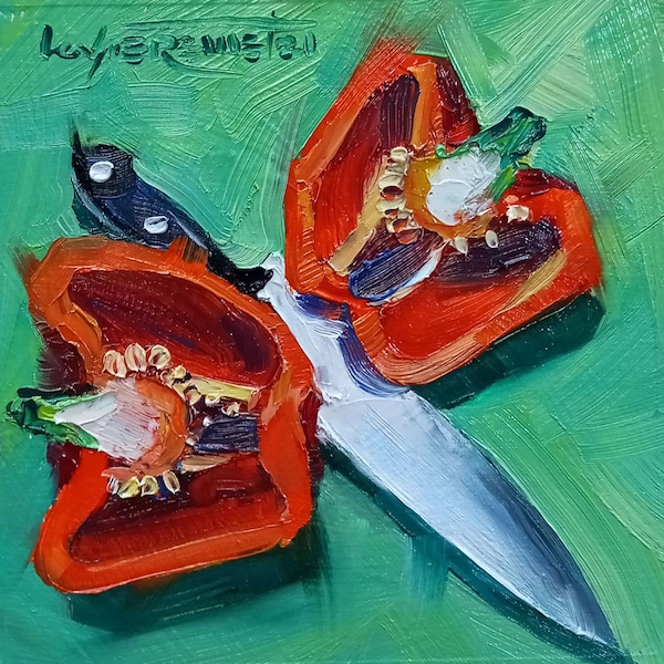 Red Sweet Pepper Peinture à l’huile originale sur panneau de bois, prêt à accrocher, Paprika Kitchen Still Life Art, Petit cadeau douloureux à l’huile, Végétal