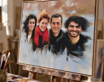 May include: A rectangular oil painting on canvas featuring a portrait of four individuals. The artwork displays a group of people with varied hair textures and colors, including one person wearing a bright red scarf, set against a light blue background.