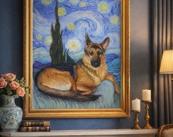 Custom Dog Oil Painting Portrait, Hand-Painted Pet Art Commission, Starry Night Style