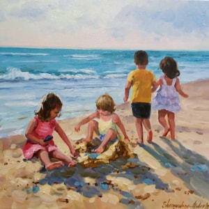 Pintura familiar por encargo a partir de una foto, retrato familiar personalizado en la playa, pintura familiar personalizada en la playa, retrato familiar grande, arte familiar por encargo