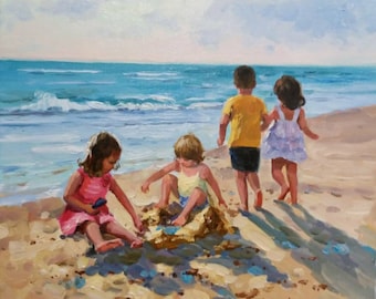 Custom Beach Family Portrait from Photo, Hand Painted Oil Painting, Coastal Family Portrait, Personalized Beach Artwork, Christmas Gift