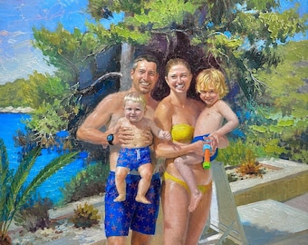Custom Family Portrait from Photo, Hand Painted Oil Painting, Beach Family Portrait, Personalized Vacation Memory