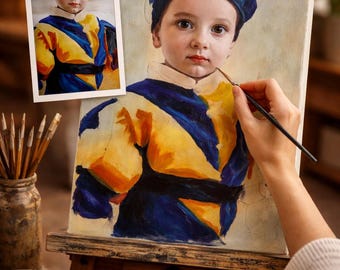 Retrato infantil personalizado a partir de una foto, pintura al óleo pintada a mano, retrato infantil sobre lienzo, retrato de bebé personalizado, regalo único para el Día de la Madre.