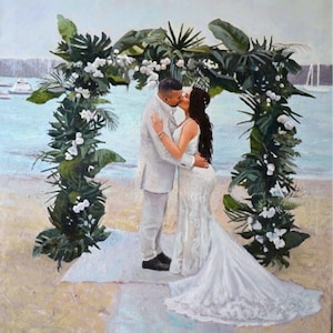 May include: Oil painting of a wedding ceremony on a beach. A couple kisses under a floral archway. The bride wears a white lace gown, and the groom is in a white suit. The background shows the ocean and boats.