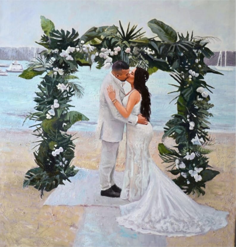 May include: Oil painting of a wedding ceremony on a beach. A couple kisses under a floral archway. The bride wears a white lace gown, and the groom is in a white suit. The background shows the ocean and boats.