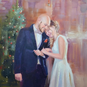 May include: Oil painting of a couple embracing, with a Christmas tree in the background. The man wears a dark blue tuxedo with a bow tie, and the woman is in a white wedding dress. A red rose is pinned to the man's lapel.