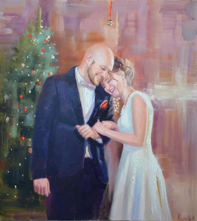 May include: Oil painting of a couple embracing, with a Christmas tree in the background. The man wears a dark blue tuxedo with a bow tie, and the woman is in a white wedding dress. A red rose is pinned to the man's lapel.