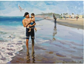 Custom ORIGINAL oil painting from photo, Custom beach Family oil Portrait, Personalised Family Gift, Gif for Grandparents