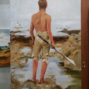 May include: Oil painting of a person standing on a rocky shore, facing the ocean. The person is shirtless, wearing tan pants, and holding an oar. The painting has a muted color palette with shades of brown, beige, and blue.