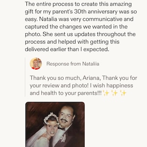 May include: A review with text and a photo of a couple. The text mentions a 30th anniversary gift and the reviewer's satisfaction with the process. The photo shows a couple in formal attire.