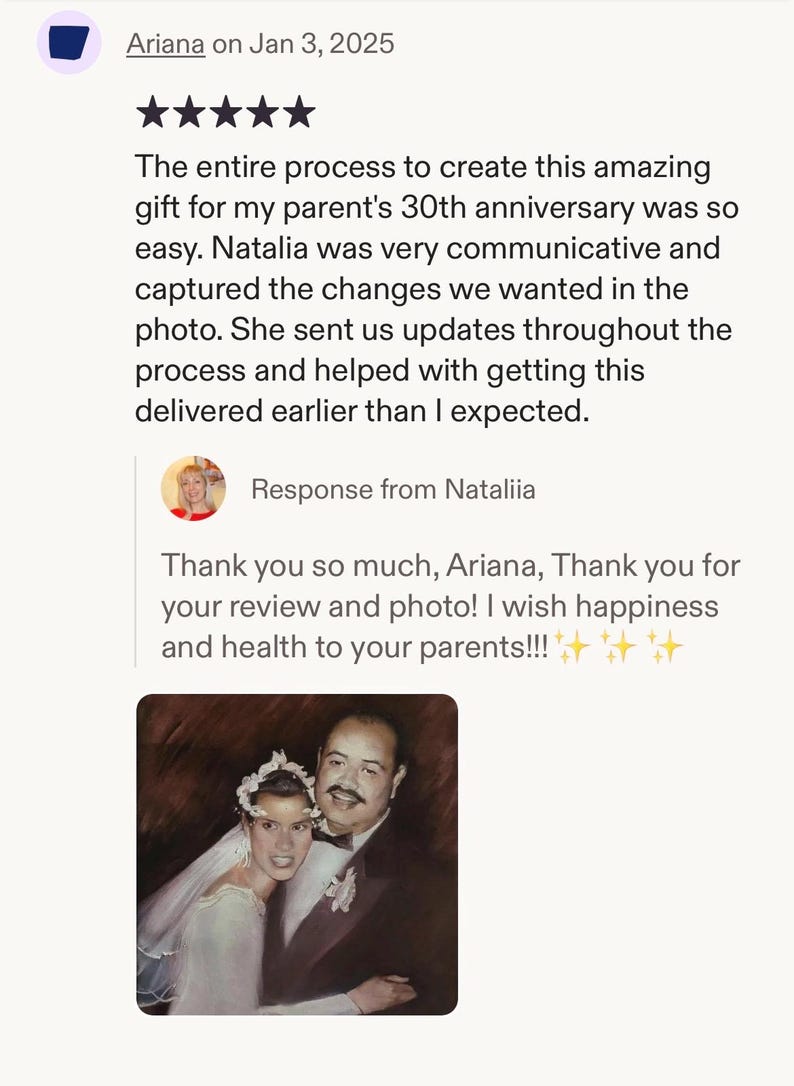 May include: A review with text and a photo of a couple. The text mentions a 30th anniversary gift and the reviewer's satisfaction with the process. The photo shows a couple in formal attire.