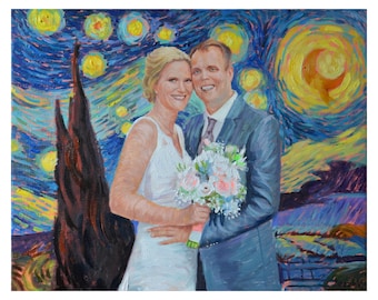 Van Gogh Style Custom oil Portrait from Photo, Custom Wedding oil Painting, Starry Night Wedding Art, Personalized Gift for Anniversary