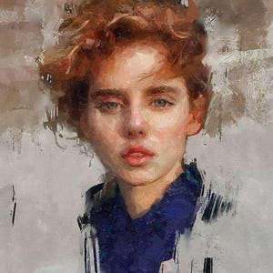 May include: Oil painting portrait of a person with red curly hair and fair skin. The person is wearing a blue scarf and a dark jacket. The background is a blend of white and gray brushstrokes.