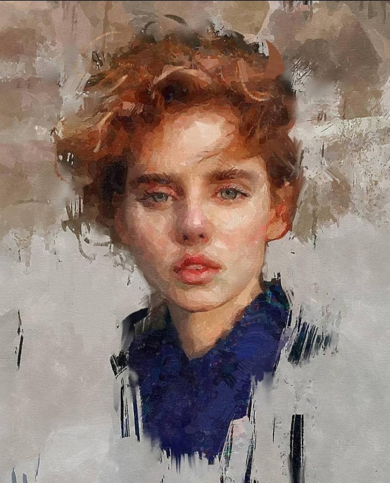 May include: Oil painting portrait of a person with red curly hair and fair skin. The person is wearing a blue scarf and a dark jacket. The background is a blend of white and gray brushstrokes.