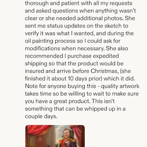 May include: Etsy buyer review of a custom painting. The image shows a portrait of a couple with two cats. The review text praises the seller's thoroughness and communication throughout the process.