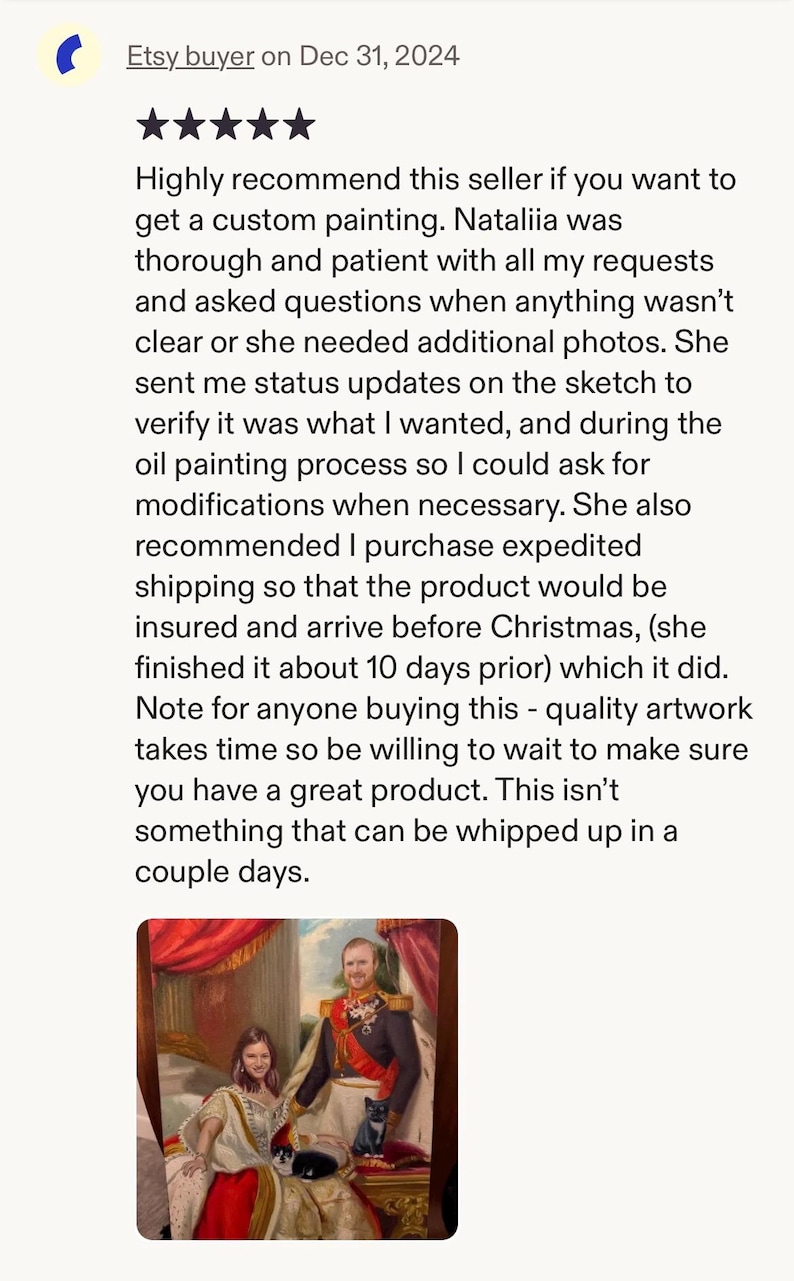 May include: Etsy buyer review of a custom painting. The image shows a portrait of a couple with two cats. The review text praises the seller's thoroughness and communication throughout the process.