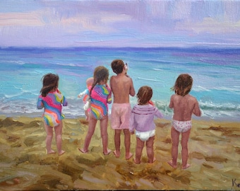 Custom beach family portrait from photo, hand painted oil painting on canvas featuring a multigenerational family walking along the ocean