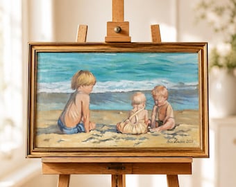 Custom Beach Family Portrait from Photo, Hand Painted Oil Painting, Coastal Family Portrait, Personalized Beach Artwork, Anniversary Gift