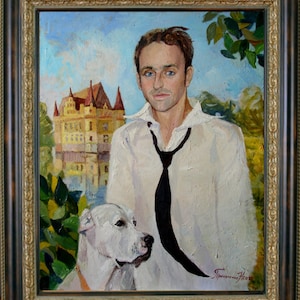 May include: Oil painting portrait of a man with a white shirt and black tie, and a white dog. A castle is in the background. The painting is in a gold and black ornate frame.