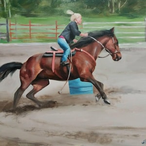 May include: Oil painting of a horse and rider in a barrel racing competition. The horse is a rich brown color with a black mane and tail. The rider is wearing blue jeans and a black jacket. A blue barrel is in the background.