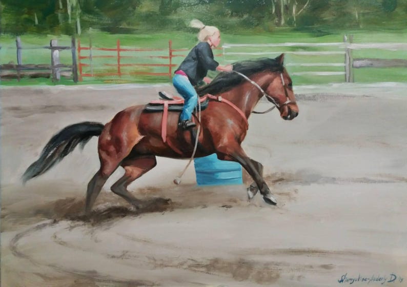 May include: Oil painting of a horse and rider in a barrel racing competition. The horse is a rich brown color with a black mane and tail. The rider is wearing blue jeans and a black jacket. A blue barrel is in the background.