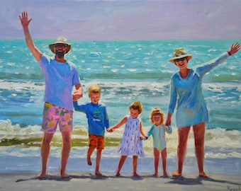Custom Family Beach Portrait from Photo, Original Oil Painting, Personalized Coastal Artwork, Family Vacation Keepsake Gift
