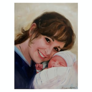 May include: Oil painting of a smiling person holding a newborn baby. The person has brown hair and is wearing a dark blue top. The baby is wrapped in a white blanket and wearing a white hat.