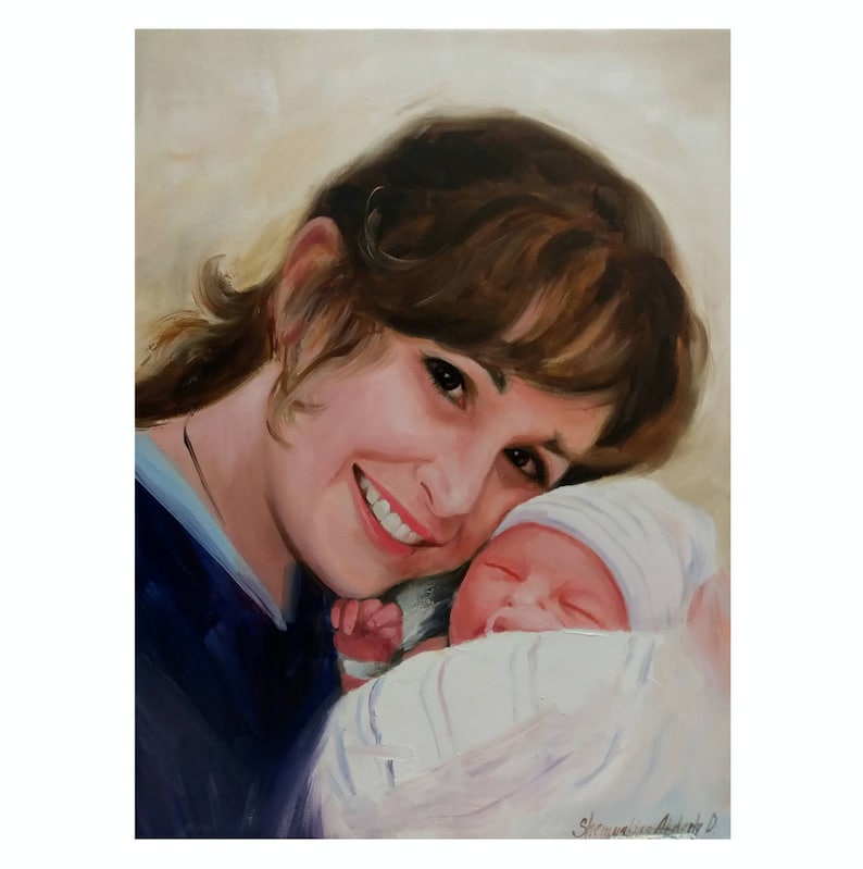 May include: Oil painting of a smiling person holding a newborn baby. The person has brown hair and is wearing a dark blue top. The baby is wrapped in a white blanket and wearing a white hat.