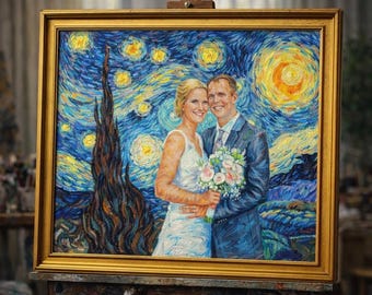 Hochzeitspaar nach Foto, Ölgemälde nach Foto, Sternennacht Hochzeitskunst, Bild hoch, zum Jubiläum