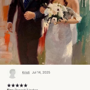 May include: Oil painting of a wedding scene. A man in a dark suit and a woman in a white wedding dress are walking together. The woman is holding a bouquet of white flowers. The painting is 2 inches in size.