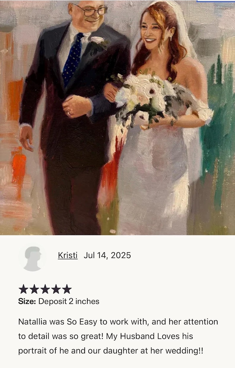 May include: Oil painting of a wedding scene. A man in a dark suit and a woman in a white wedding dress are walking together. The woman is holding a bouquet of white flowers. The painting is 2 inches in size.