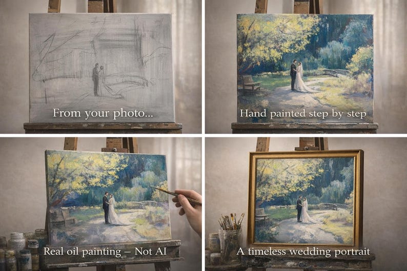 May include: A series of four images showcasing the creation of a wedding portrait. The first image is a pencil sketch, followed by a hand-painted scene of a couple. The third image shows the painting in progress, and the last is a framed portrait. Text includes "From your photo...", "Hand painted step by step", "Real oil painting - Not AI", and "A timeless wedding portrait".