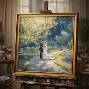 May include: A framed painting on an easel depicts a couple embracing in a park setting. The artwork features a bride in a white gown and a groom in a black suit. The painting has a gold frame and is displayed on a wooden easel.