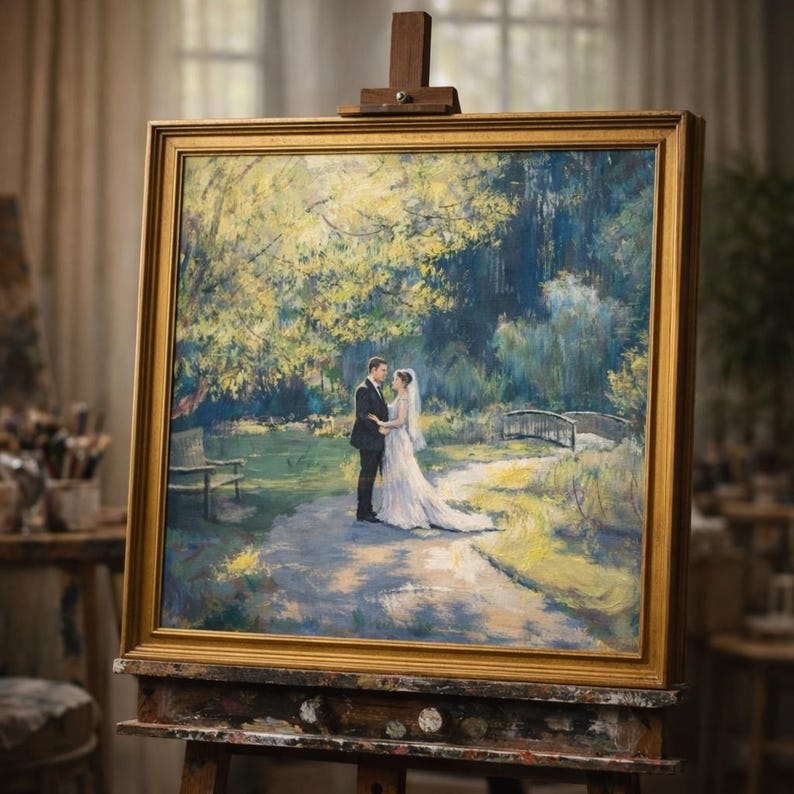 May include: A framed painting on an easel depicts a couple embracing in a park setting. The artwork features a bride in a white gown and a groom in a black suit. The painting has a gold frame and is displayed on a wooden easel.