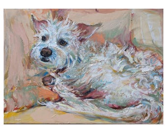 May include: Oil painting of a white dog with brown eyes and a brown nose. The dog is lying down, with its head turned towards the viewer. The painting has a textured, impressionistic style, with visible brushstrokes and a soft color palette.